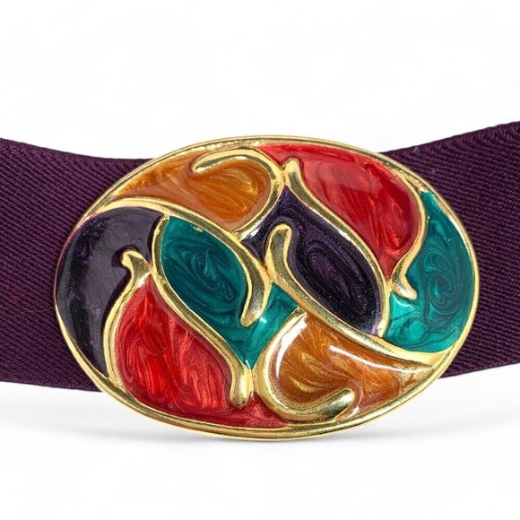 Nan Lewis 1980's Cloisonné Buckle Stretch Elastic Belt Purple, Gold, Green 34"L - Picture 5 of 8